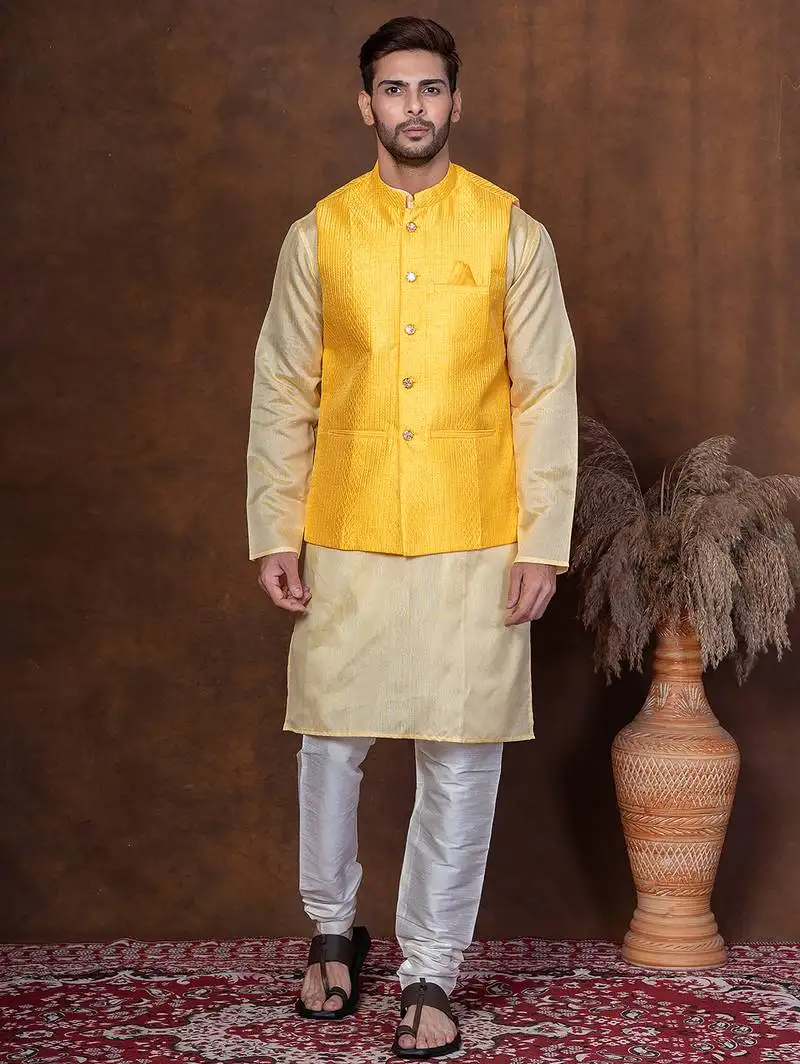 Yellow dupion kurta jacket churidar set for men with solid print