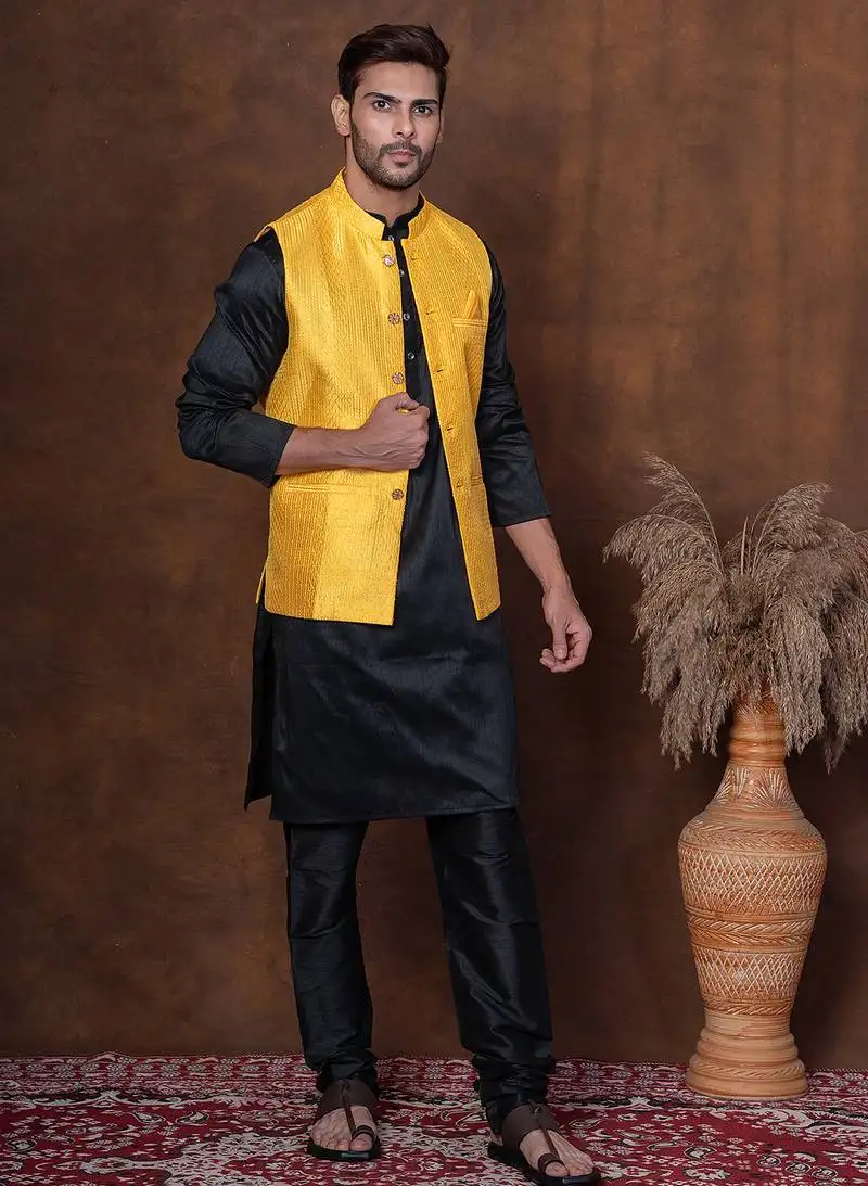 Black dupion kurta jacket churidar set for men with solid print