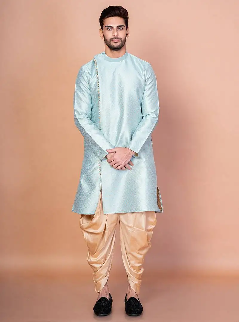 Sky blue dupion kurta patiala set for men with printed design