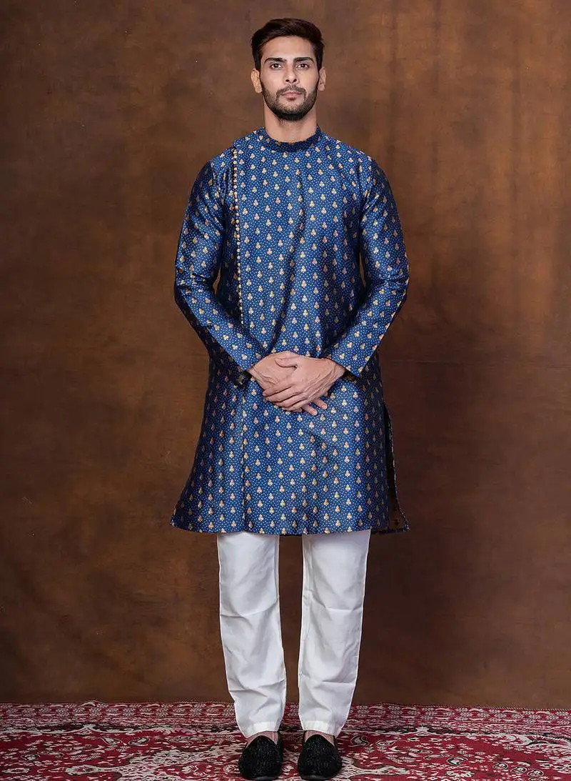 Navy blue dupion kurta patiala set for men with printed design