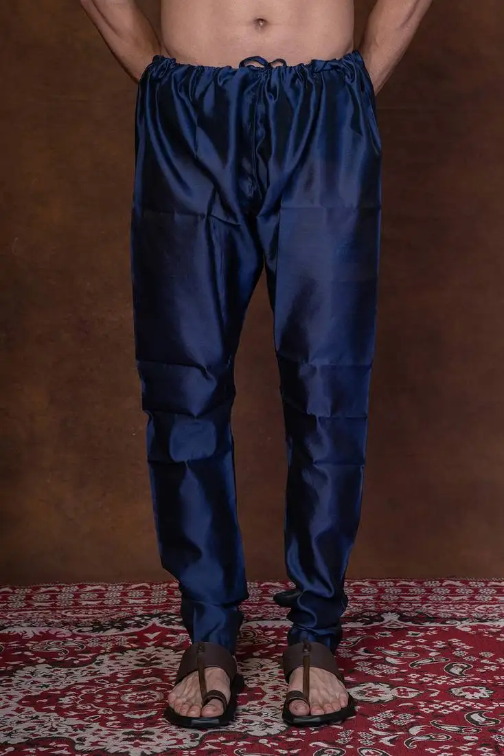 Navy blue banarasi silk churidar for men with solid design
