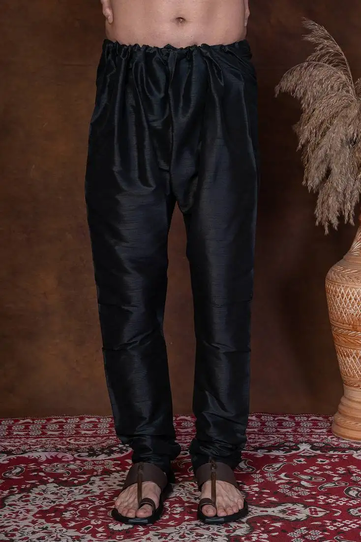 Black banarasi silk churidar for men with solid design