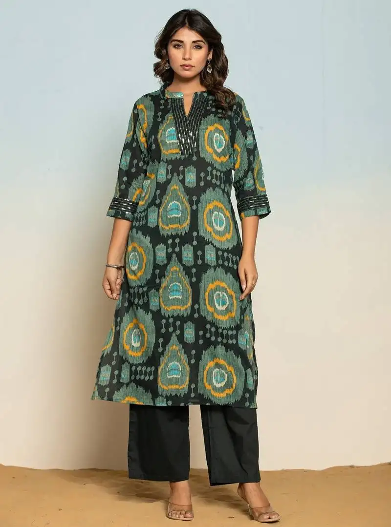 Kaitoke green printed cotton kurta sets