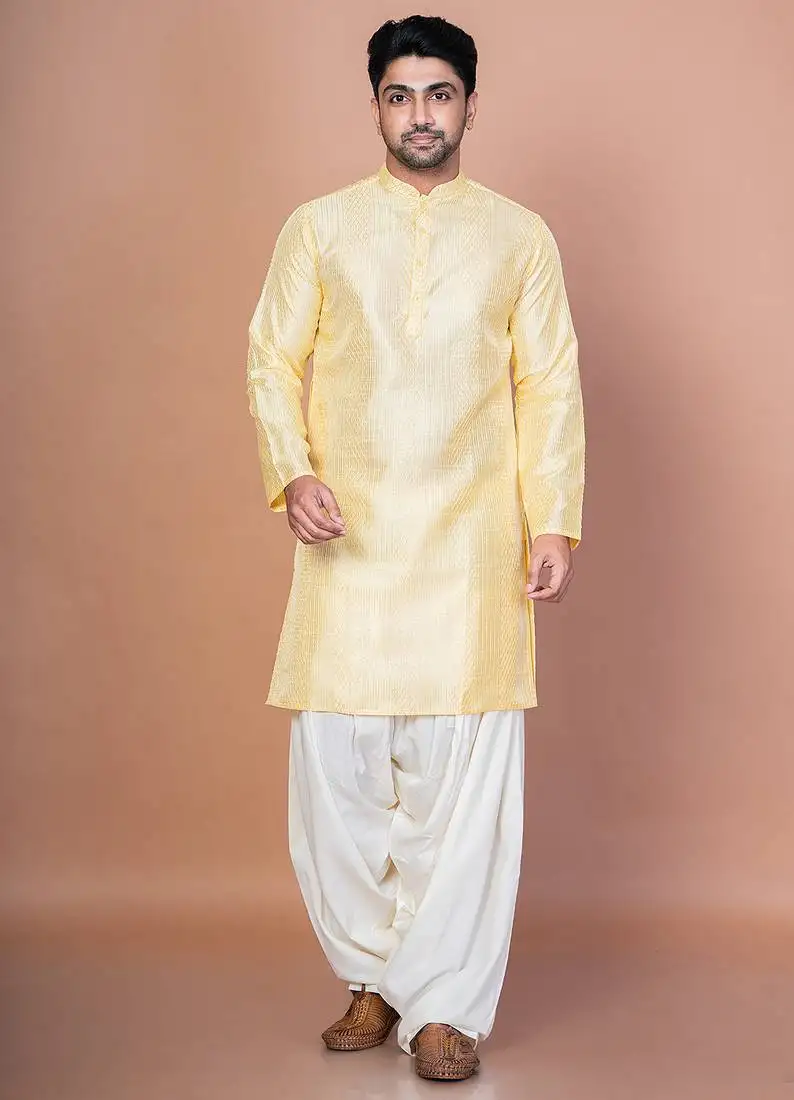 Lemon bangalorian silk kurta patiala set for men with embroidery work