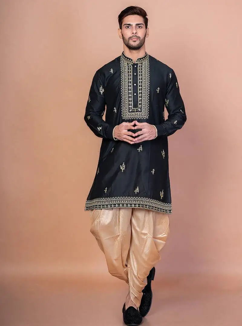 Black cotton blend kurta patiala set for men with embroidery work