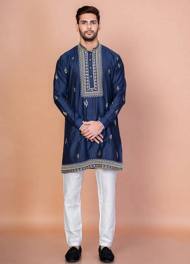 Navy blue cotton blend kurta pyjama set for men with embroidery work