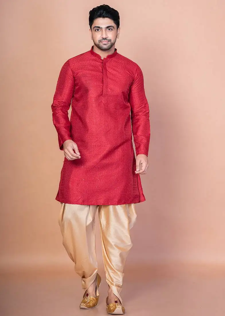 Red bangalorian silk kurta dhoti set for men with embroidery work