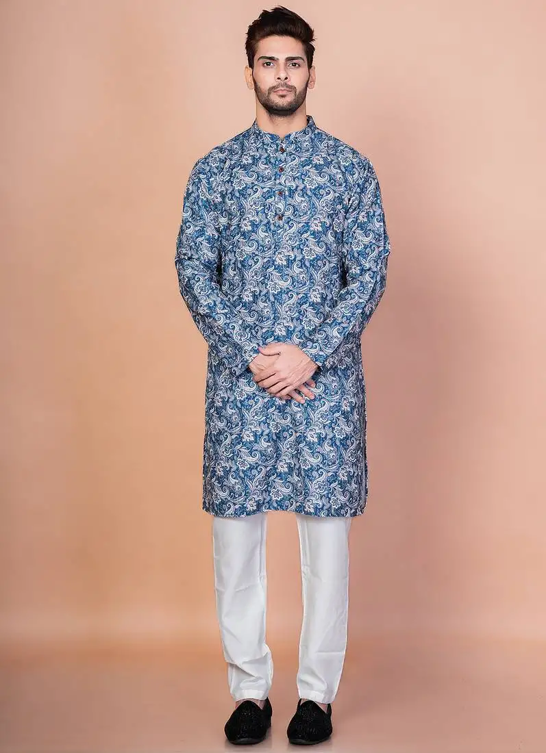 Blue cotton blend kurta pyjama set for men with printed design