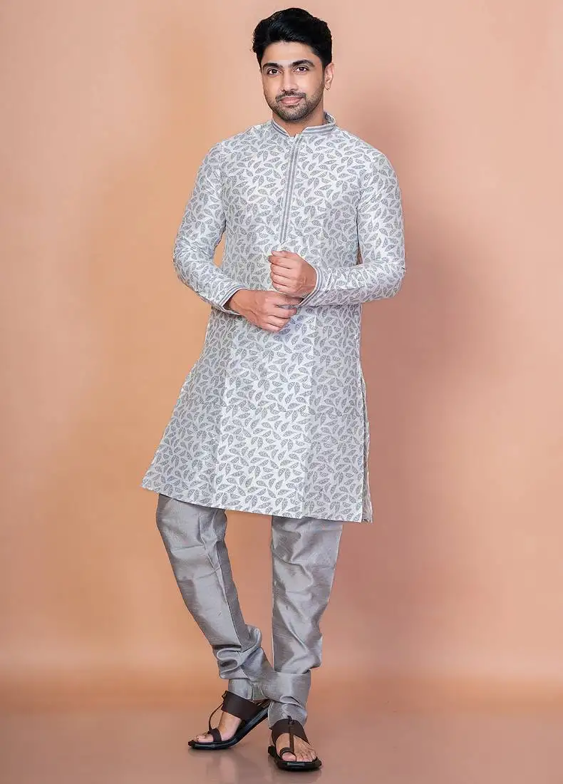 Grey banarasi silk kurta churidar set for men with solid design