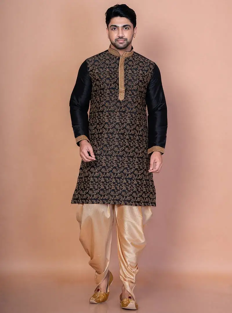 Black banarasi silk kurta patiala set for men with embroidery work