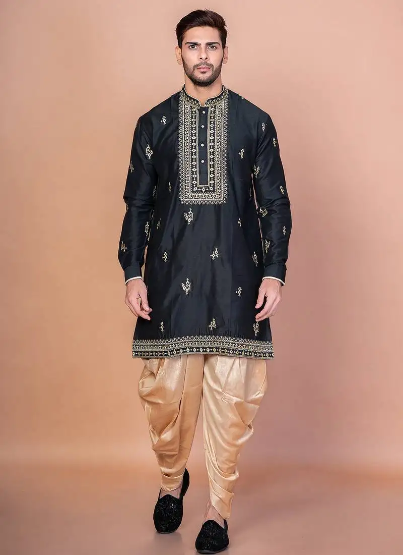 Black cotton blend kurta for men with embroidery work