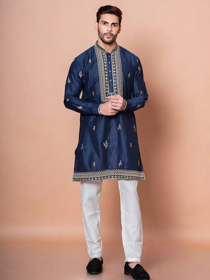 Navy blue cotton blend kurta for men with embroidery work