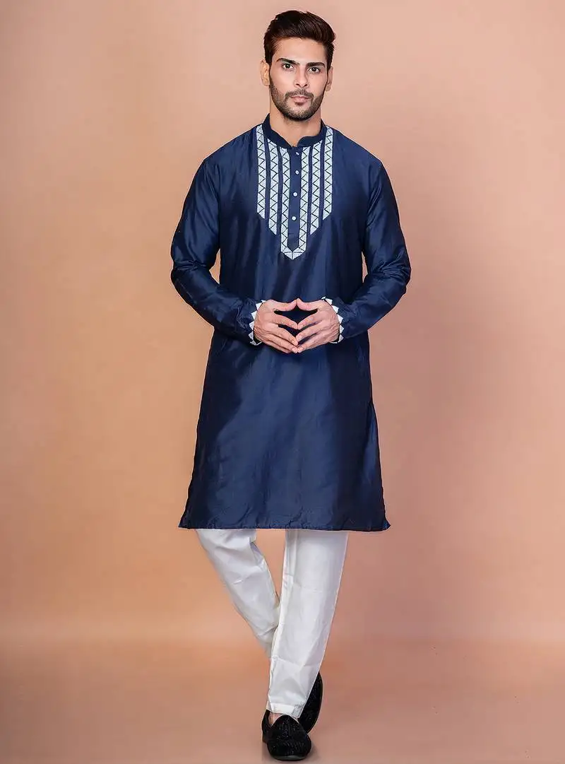 Navy blue cotton blend kurta for men with embellished work