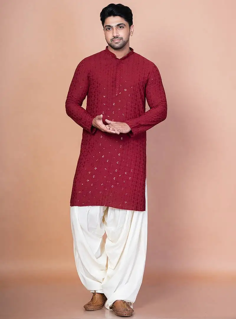 Red cotton blend kurta for men with embroidery work
