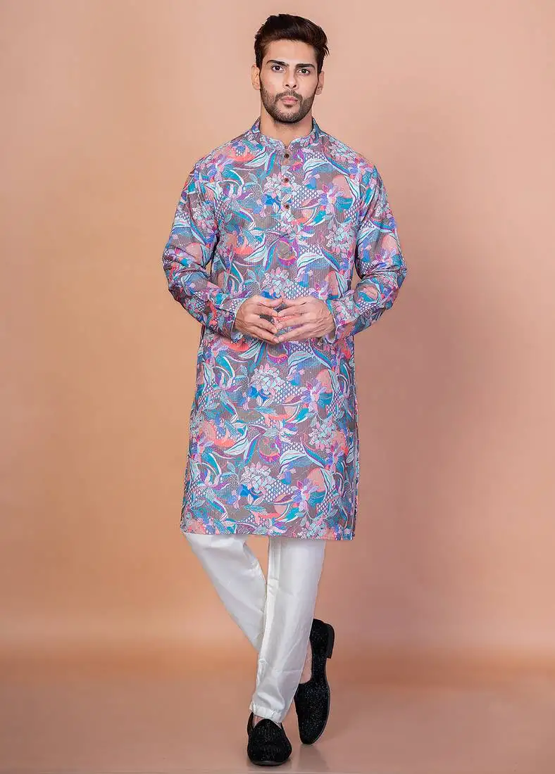 Multicolor cotton blend kurta for men with printed design
