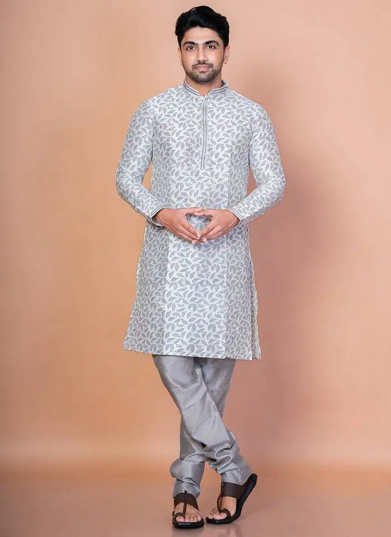 Grey banarasi silk kurta for men with solid design