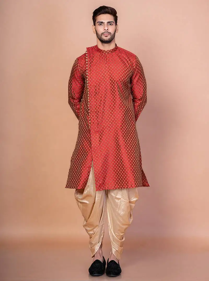 Red banarasi silk kurta for men with printed design