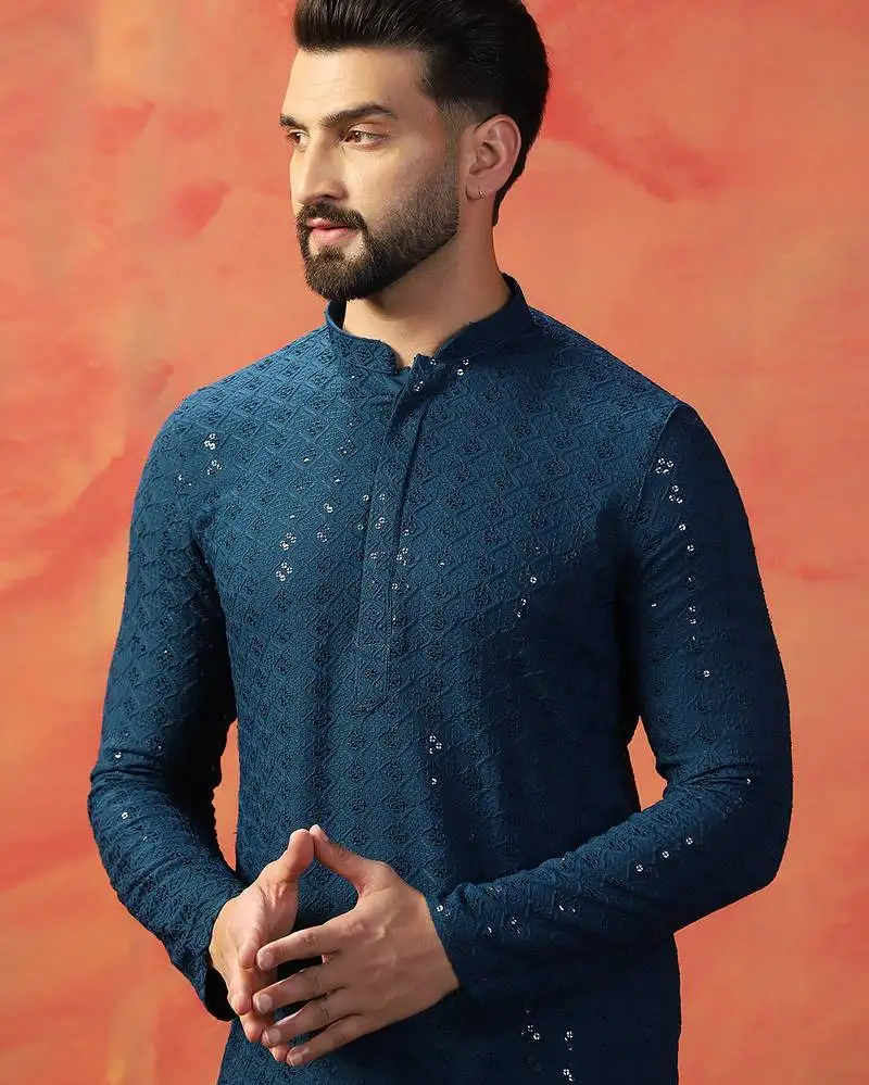 Blue cotton blend kurta for men with embroidered work