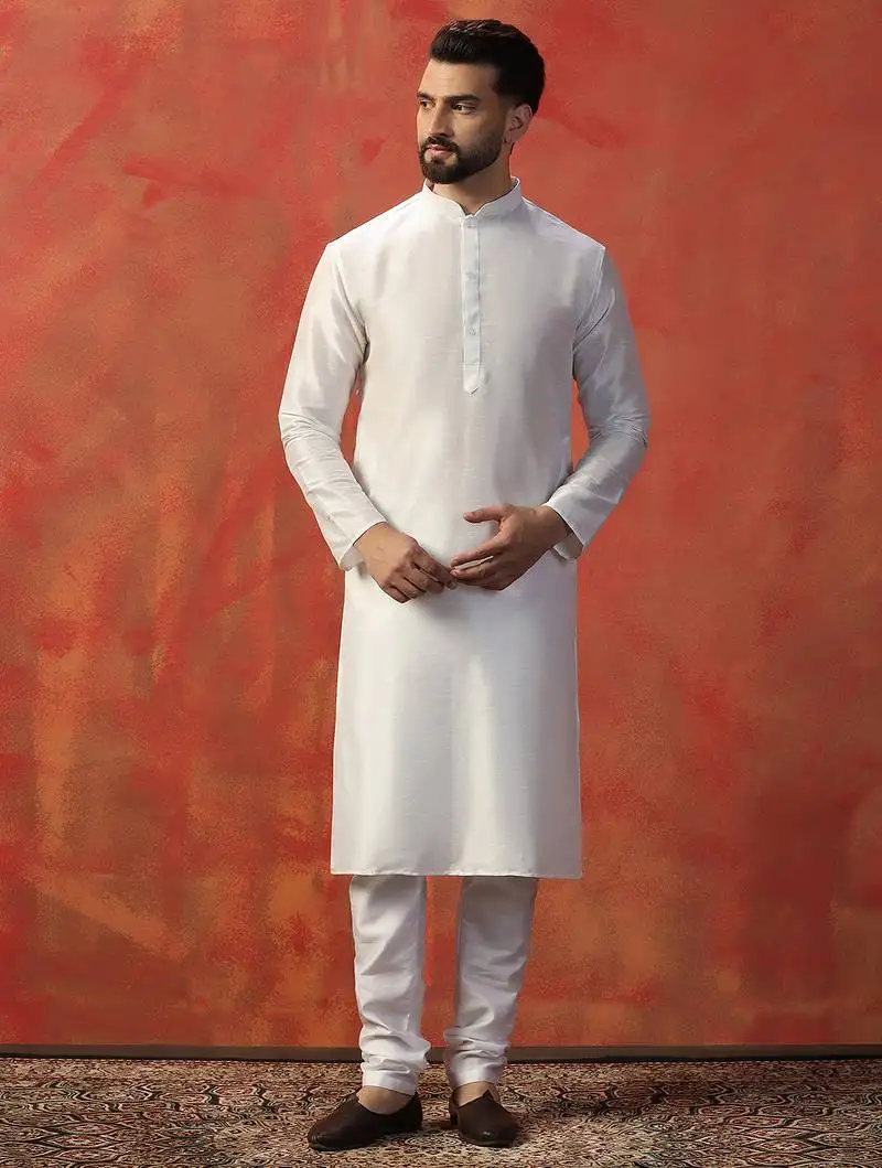 White slub dupion kurta pajama set for men with solid print