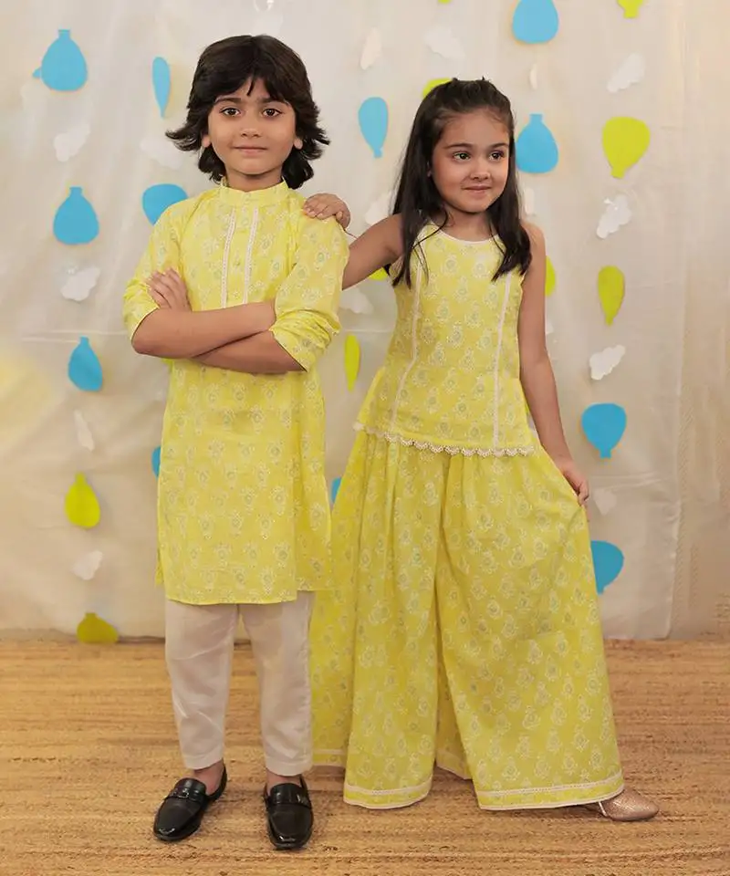 Yellow printed cotton sharara with top