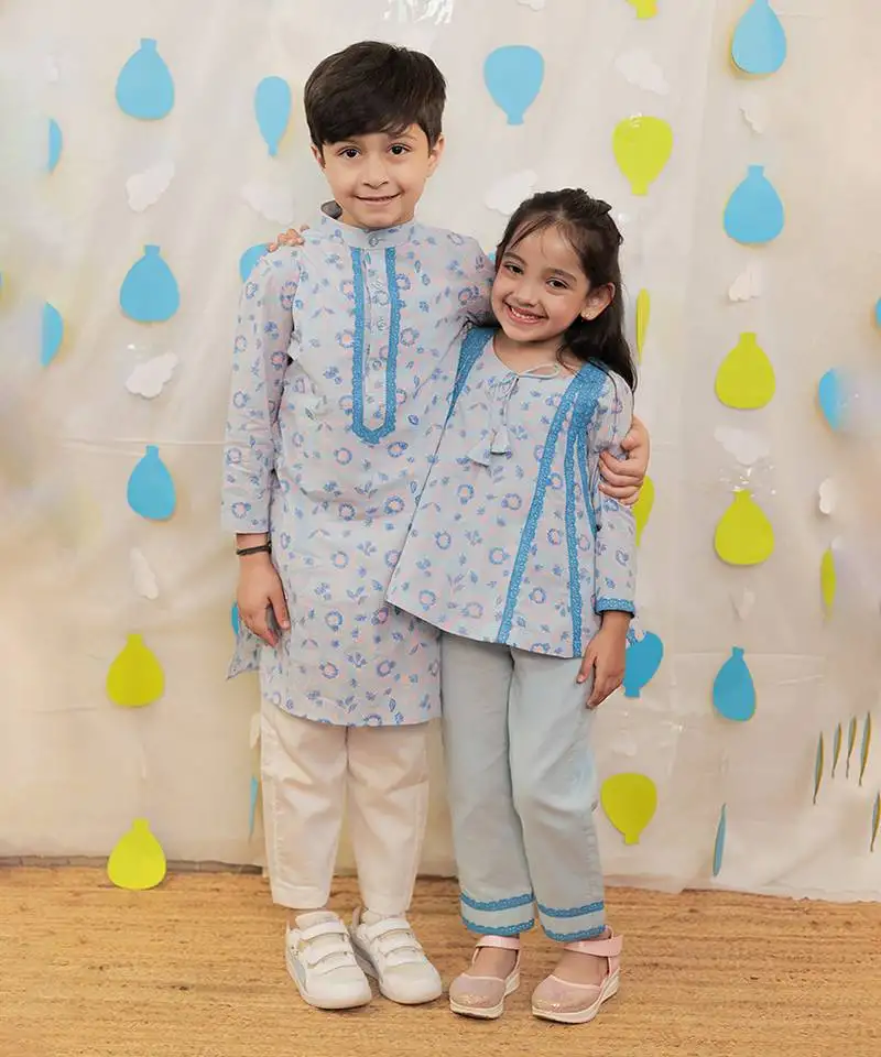 Blue printed cotton kurti with pyjama