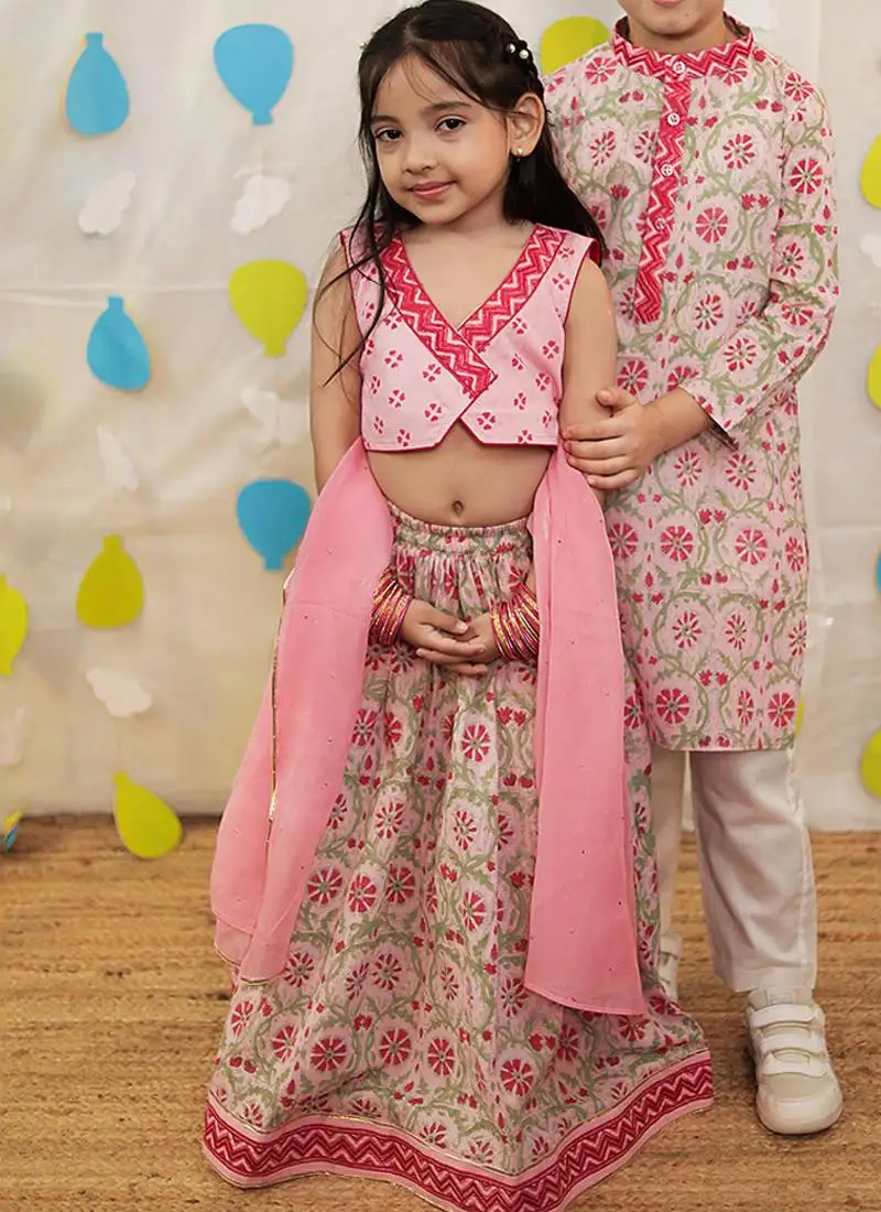 Pink embroidered cotton lehenga set