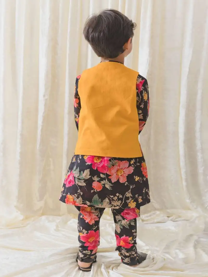 Black printed cotton nehru jacket set