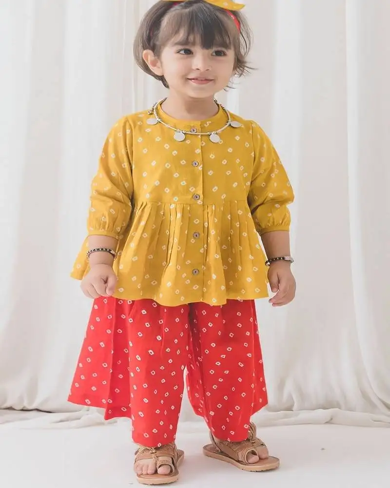 Yellow printed cotton co ord set with headband