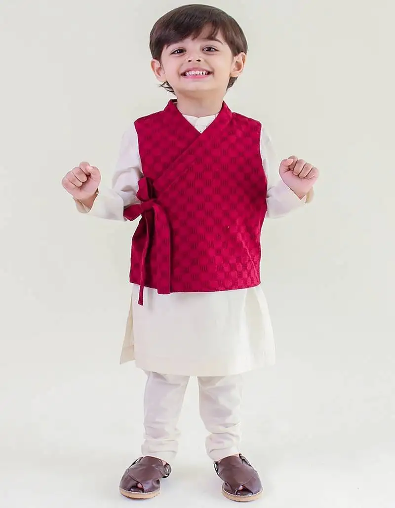 Maroon plain cotton nehru jacket set