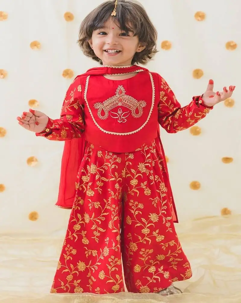 Red embroidered cotton 3 piece co ord set