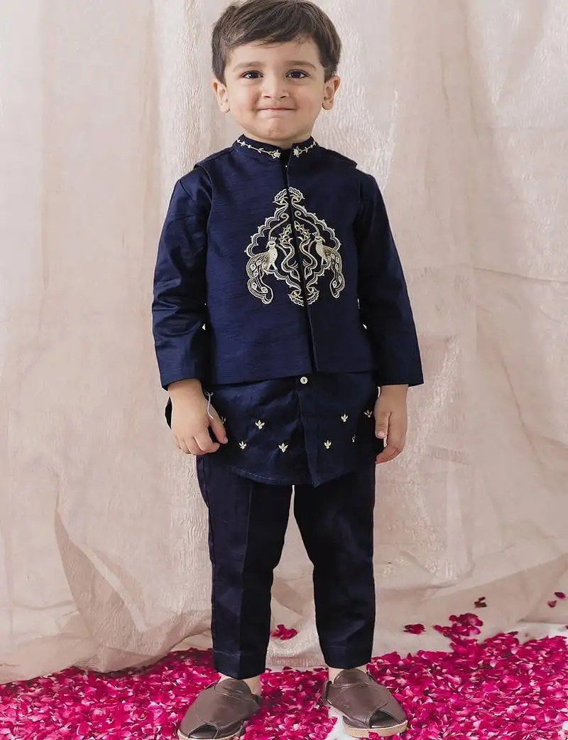 Blue embroidered cotton nehru jacket set