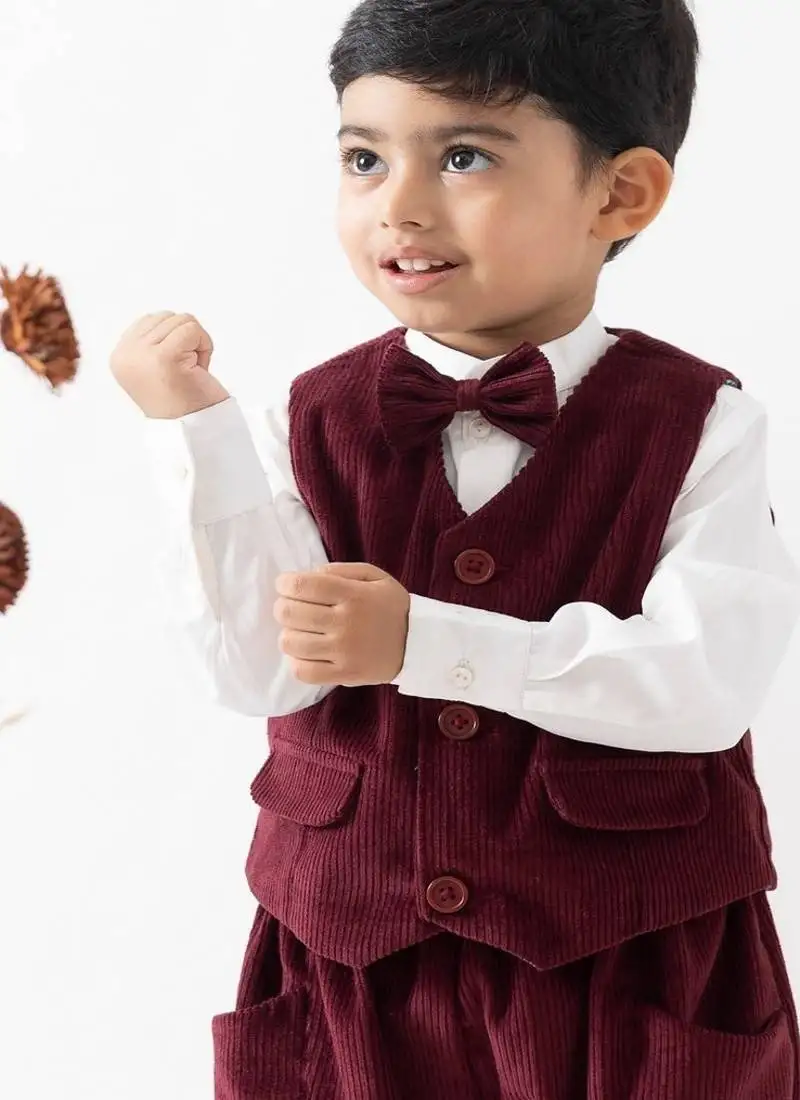 Maroon plain cotton waistcoat with bow tie