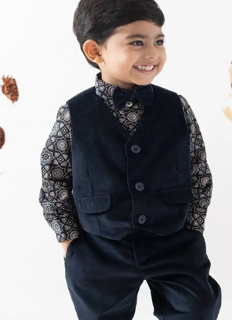 Blue plain cotton waistcoat with bow tie