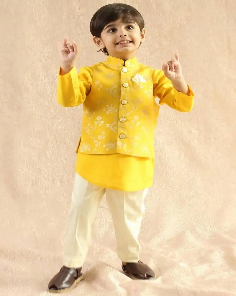 Yellow embroidered viscose nehru jacket set