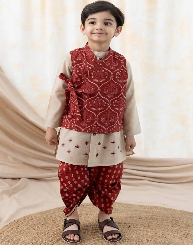 Maroon printed cotton nehru jacket set