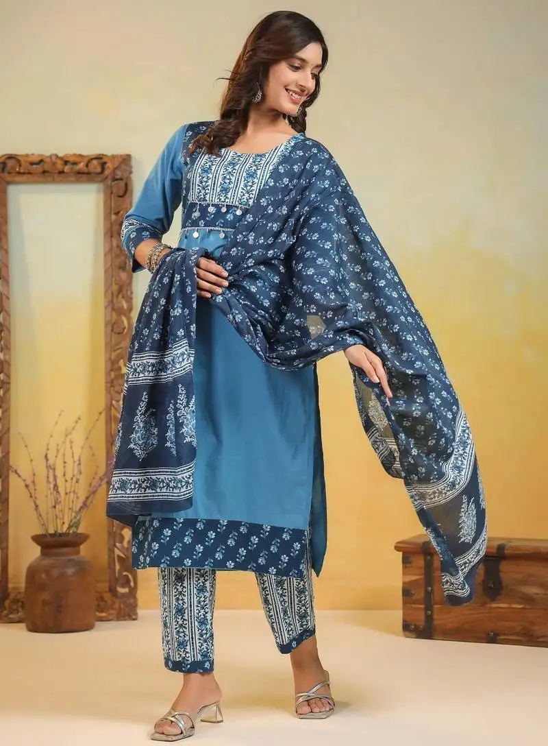 Aqua blue printed cotton kurta sets