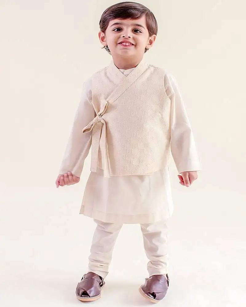 Cream plain cotton nehru jacket set