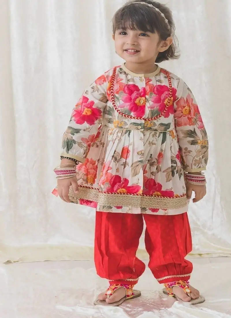 Cream printed cotton kurta pyjama