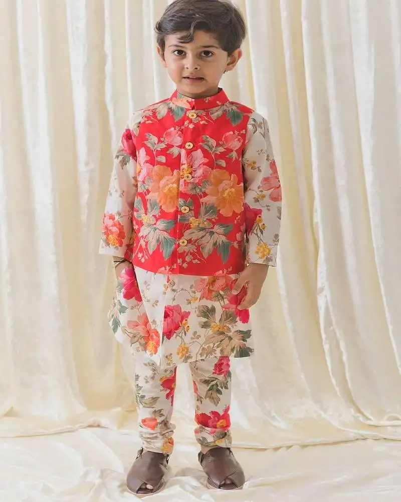 Cream printed cotton nehru jacket set