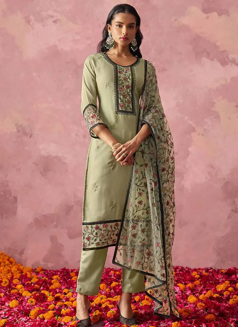 Beige georgette embroidered salwar suit stitched
