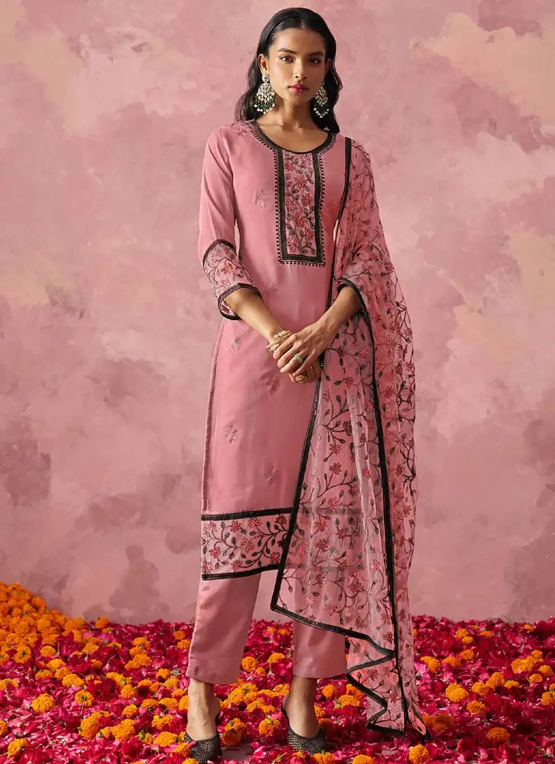 Light pink georgette embroidered salwar suit stitched