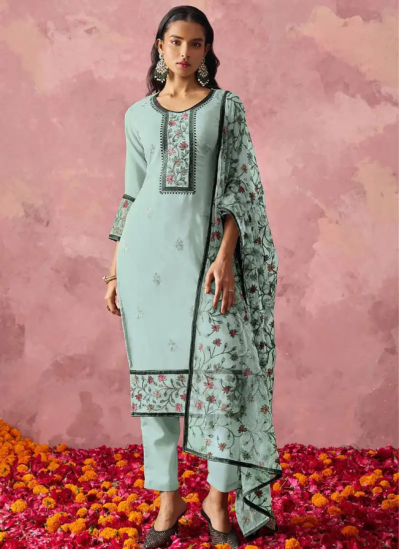 Sky blue georgette embroidered salwar suit stitched