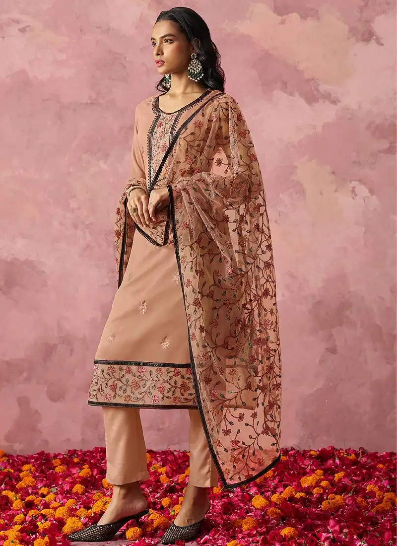 Light orange georgette embroidered salwar suit stitched