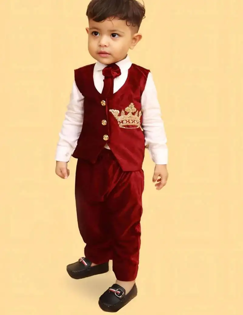 Maroon cotton velvet embroidered crown luxe shirt pants and coat for boys