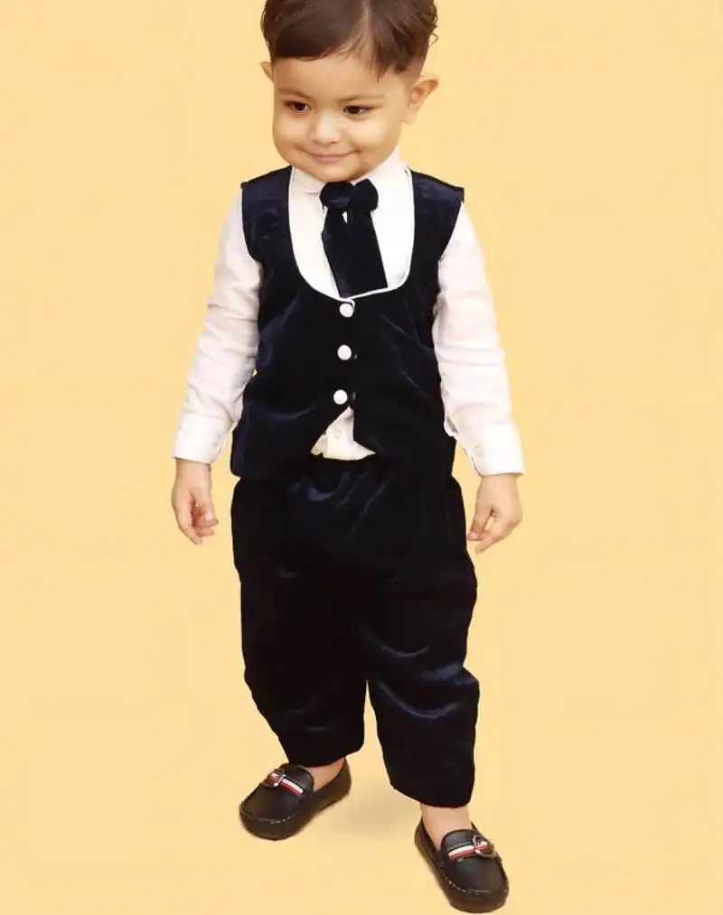 Navy blue velvet linen plain navy velvet chic shirt pants and coat for boys