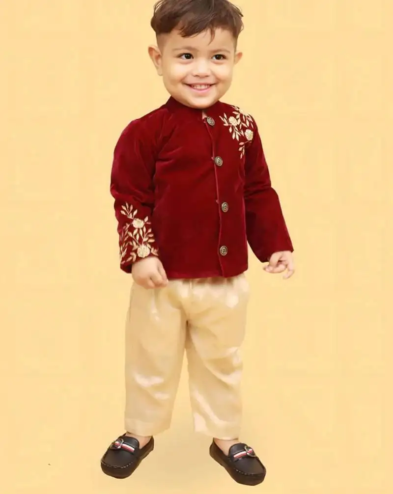 Maroon velvet shantoon embroidered zara blossom shirt pants for boys