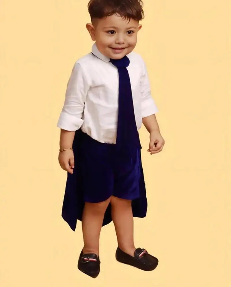 Navy blue cotton velvet plain tiny monach shirt shorts cape and tie for boys