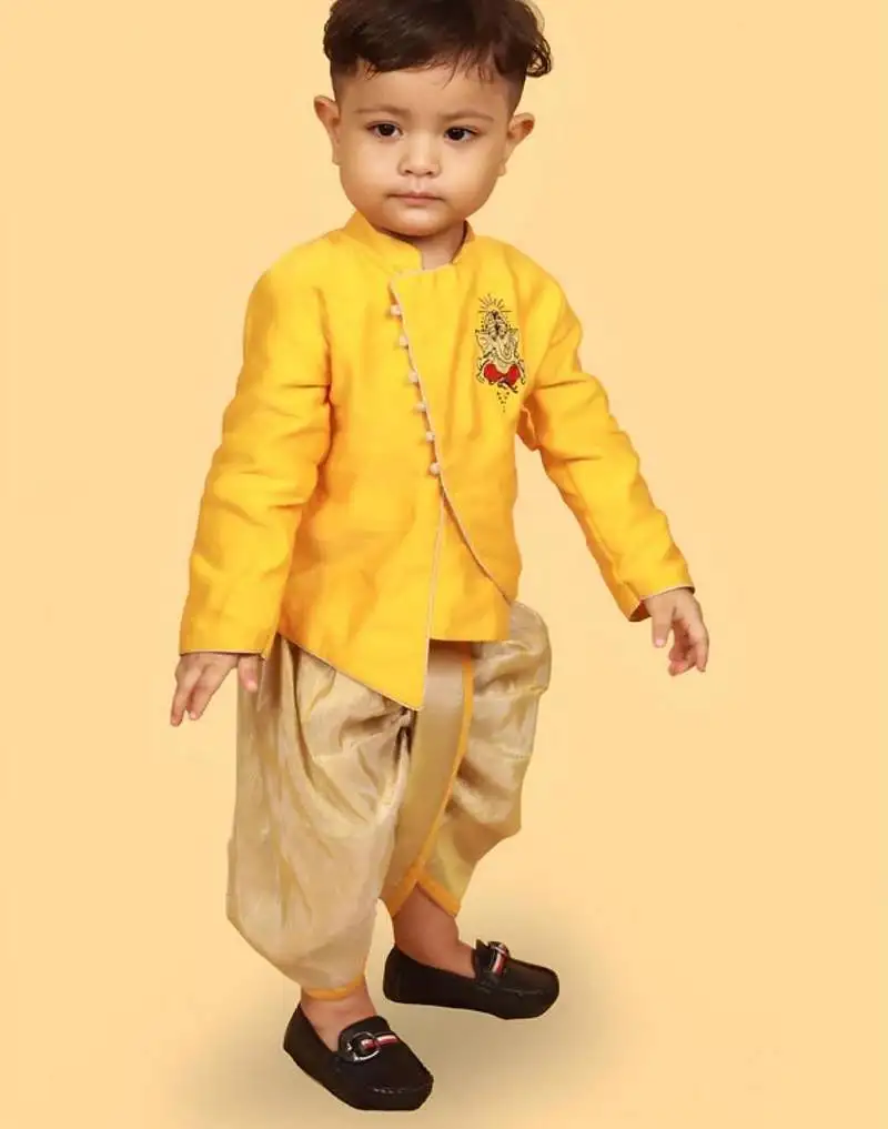 Yellow chanderi tissue embroidered ganesh aura kurta with dhoti for boys