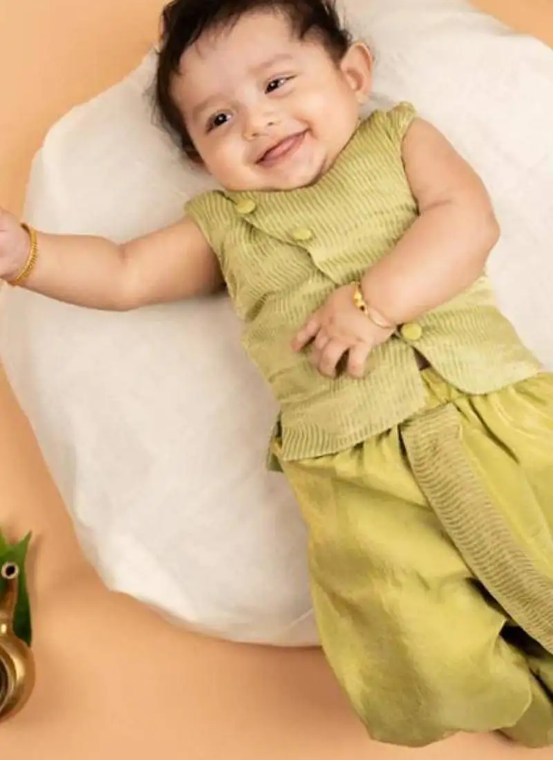 Pista green tissue plain malabar hues kurta with dhoti for boys