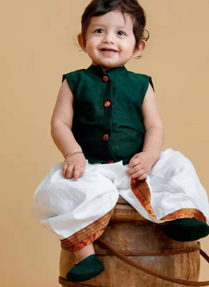 Green handloom cotton shantoon plain emerald set kurta with dhoti for boys